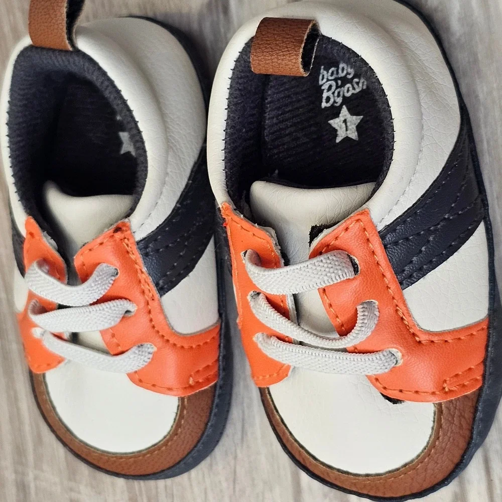Baby Bgosh Infant Sneakers White Orange Navy Blue Soft Sole Size 1 Boy Girl